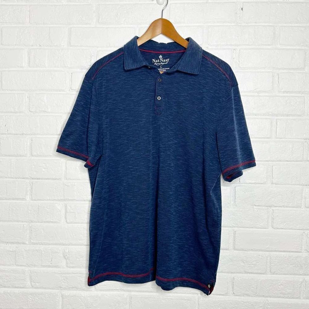 Nat Nast Blue Button Front‎ Collared Polo Shirt size Large